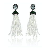 Pearl Tassel with Tsavorite & Aquamarine Earrings