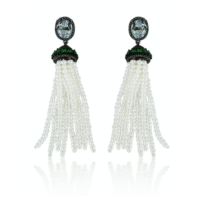 Pearl Tassel with Tsavorite & Aquamarine Earrings