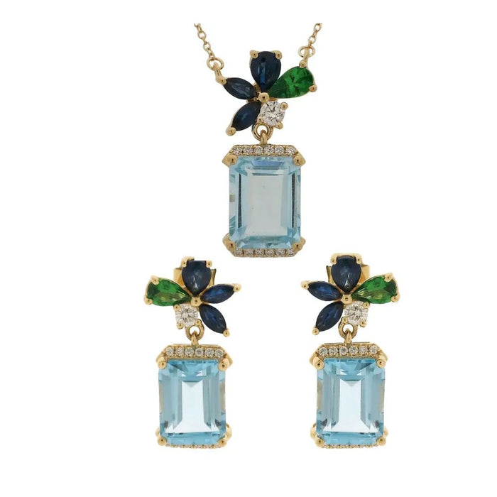 Set Blue Topaz with Tsavorite & Sapphire Flower Necklace & Earrings