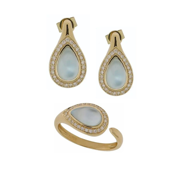 Set Mother of Pearl Teardrop on Yellow Gold Earrings & Ring