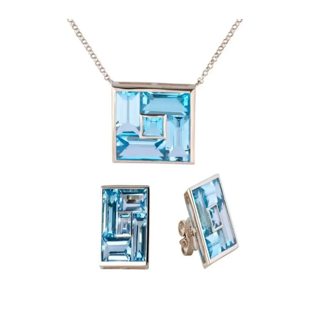 Set Baguette Blue Topaz Pendant Necklace & Earrings
