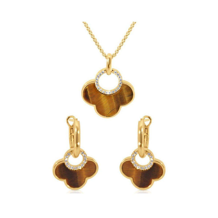 Set Tigers Eye & Diamond Pendant Necklace & Earrings