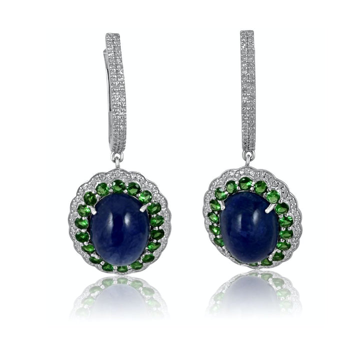 Tanzanite Cabochon & Tsavorite with Diamonds Oval Earrings