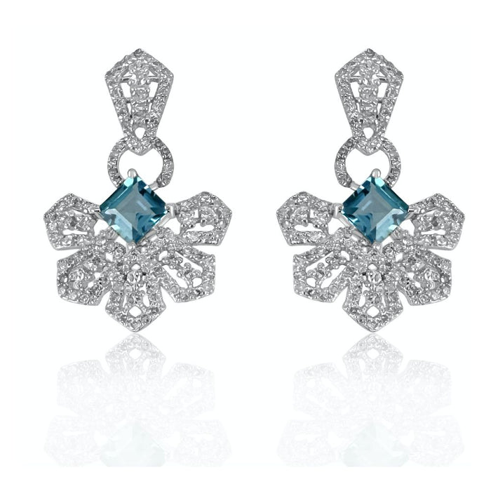 Swiss Blue Topaz & Diamond Lotus Style Earrings
