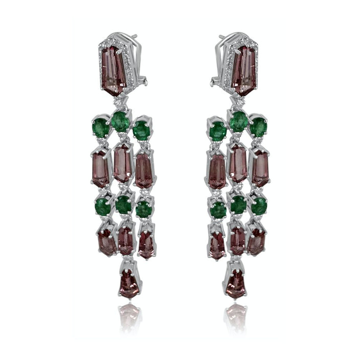 Pink Tourmaline & Emerald with Diamond Chandelier Earrings