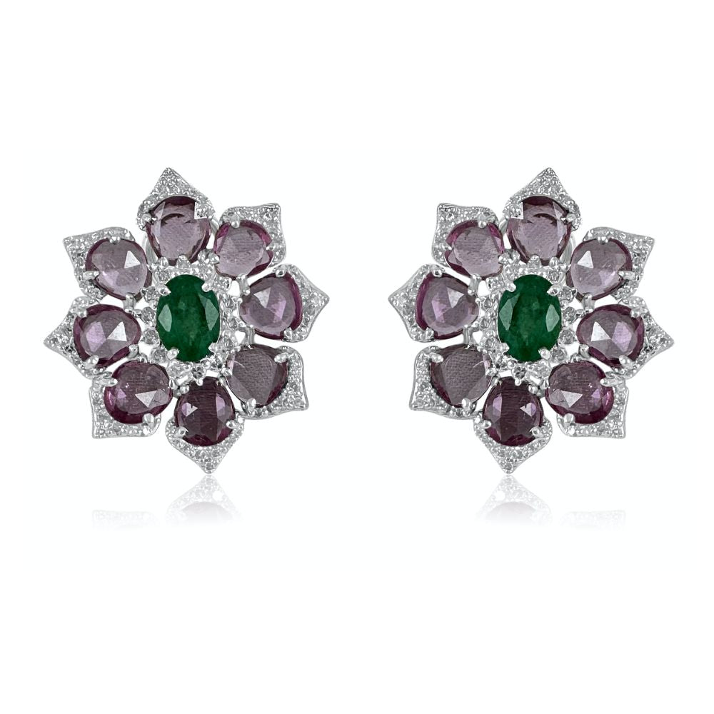 Flower Pink Sapphire & Emerald with Diamond Earrings
