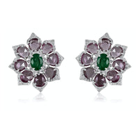 Flower Pink Sapphire & Emerald with Diamond Earrings