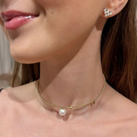 14K Yellow Gold Beads with a Single Pearl Choker Necklaces