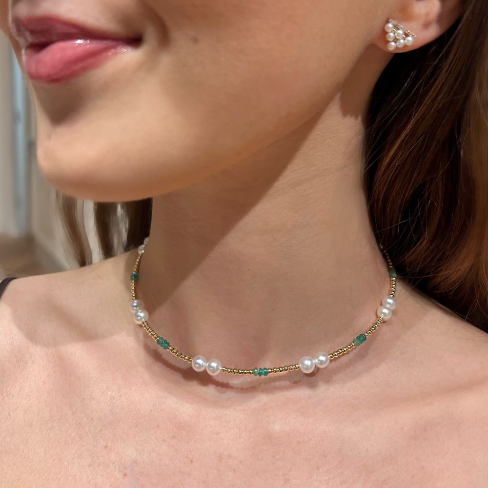 Pearl & Emerald Choker with 14K Yellow Gold Necklaces