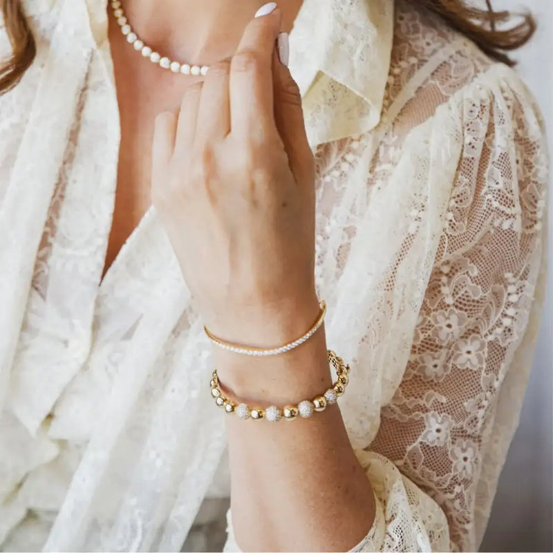 14K Yellow Gold Beads & Diamond Balls Bangle Bracelets