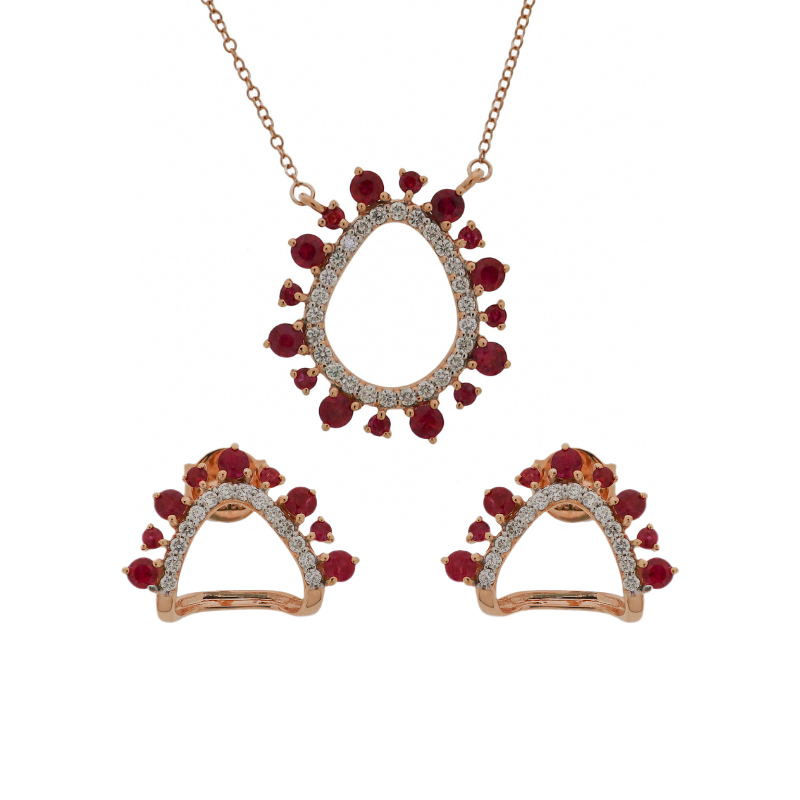 Set of 18K Rose Gold with Ruby and Diamonds Necklace & Earrings.