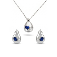 Set of 18K White Gold Drop Blue Sapphire and Diamonds Necklace &amp; Earrings.