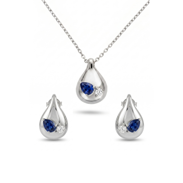 Set of 18K White Gold Drop Blue Sapphire and Diamonds Necklace &amp; Earrings.