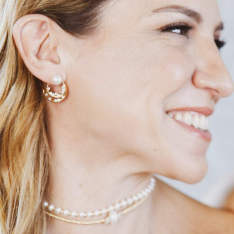 14K Yellow Gold with Diamonds & Pearls Circle Hoop Earrings