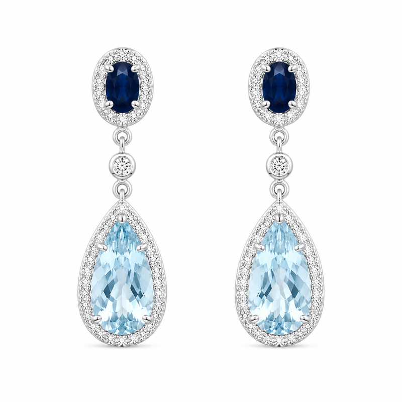 Aretes acuamarina y diamantes con oro blancode 18 quilates