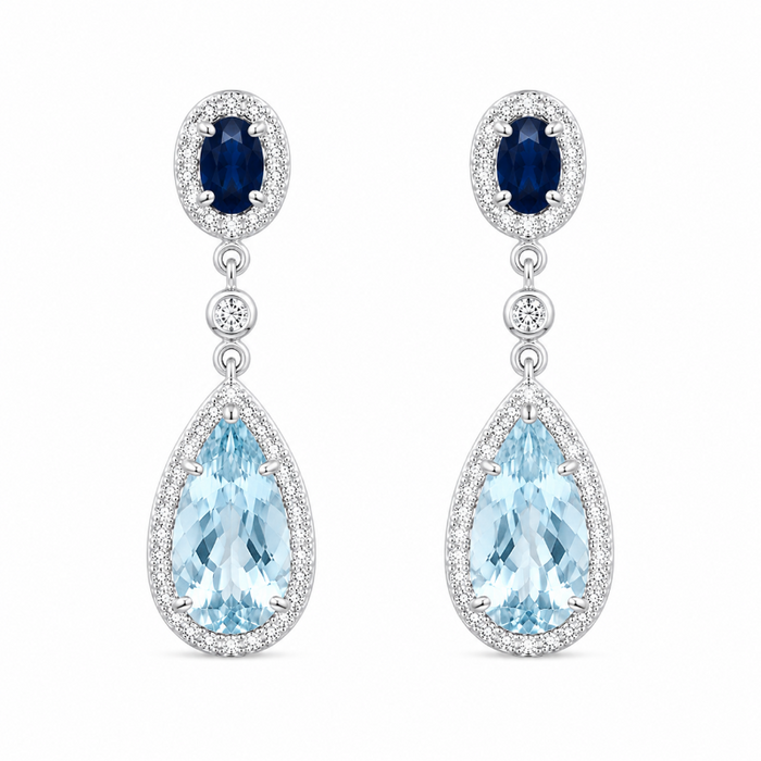 Aretes acuamarina y diamantes con oro blancode 18 quilates