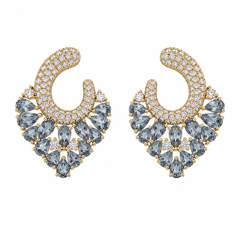 Aquamarine & Diamonds Unique with  18K Yellow Gold Earrings