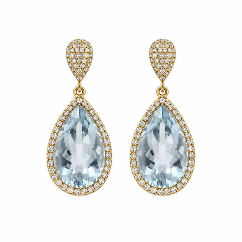Aquamarine Drop & Diamond with  18K Yellow Gold Earrings