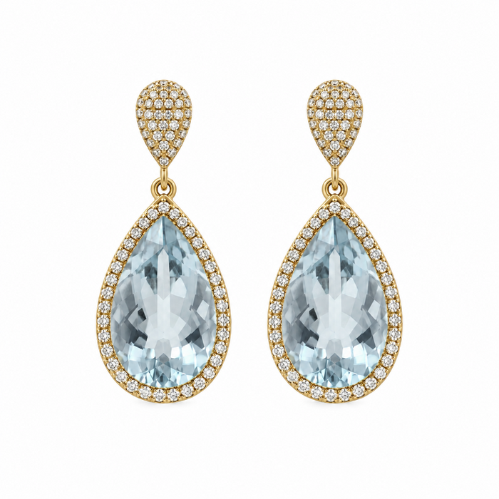 Aquamarine Drop & Diamond with  18K Yellow Gold Earrings