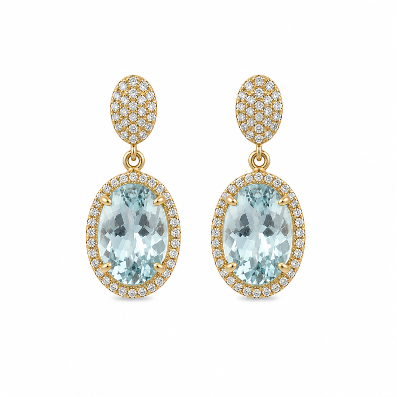 Aquamarine & Diamond with  18K Yellow Gold Earrings