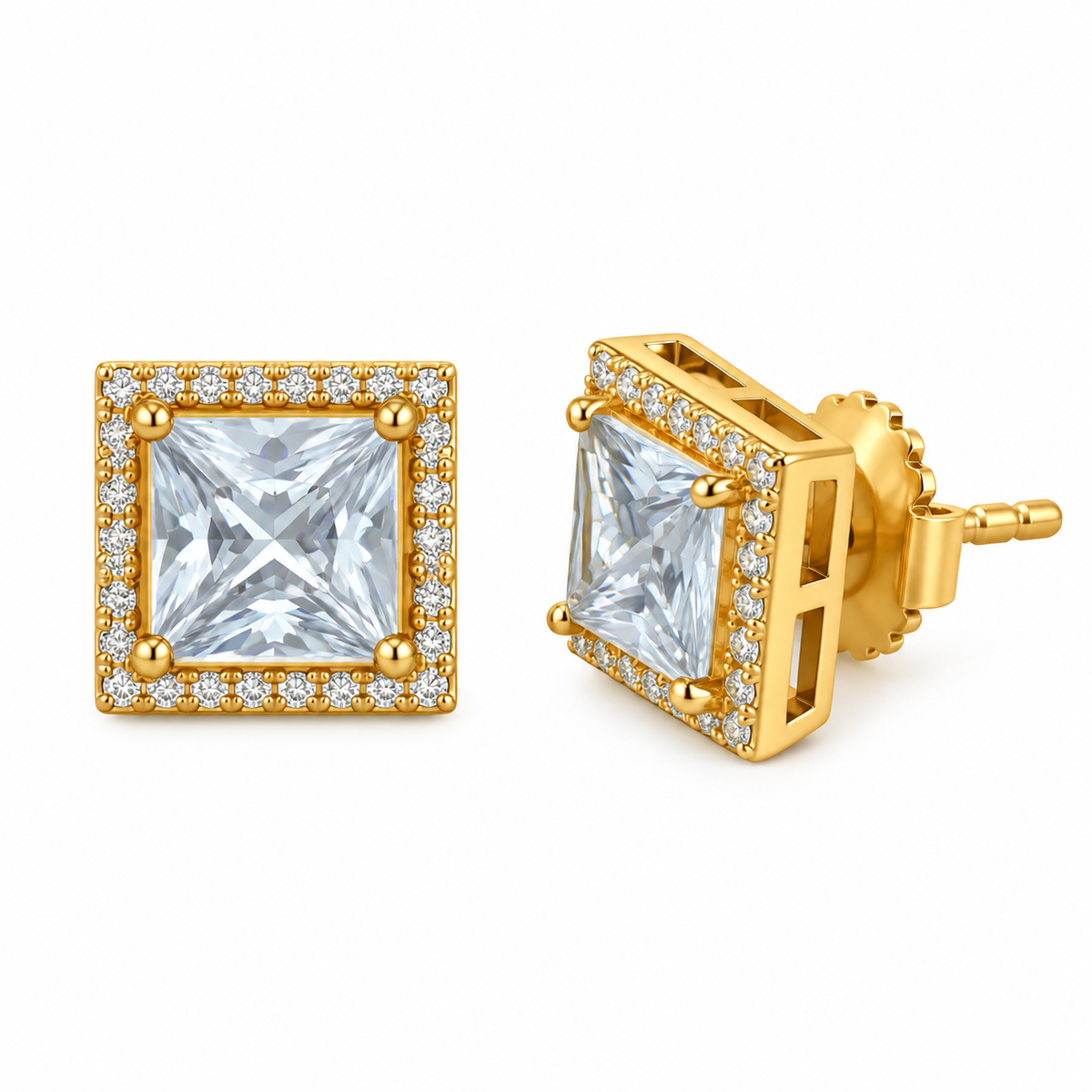 Squared Aquamarine & Diamonds 18K Yellow Gold Stud Earrings