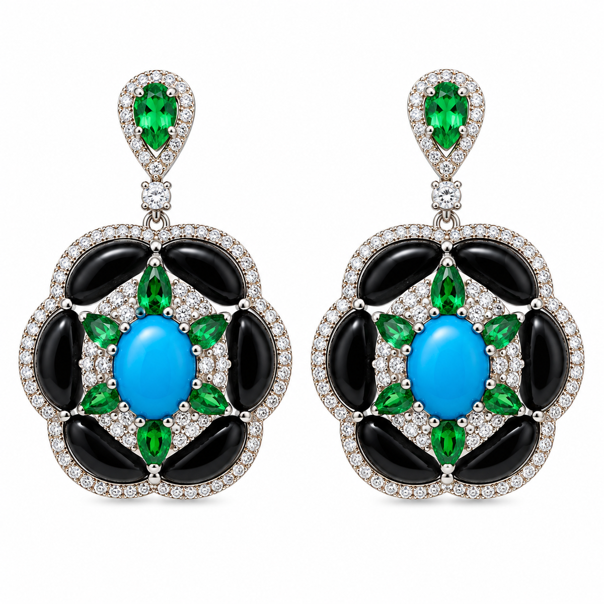 Black Onyx with Turquoise, Tsavorite & Diamond Earrings