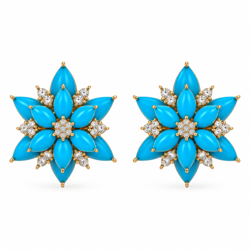 Flower Style Turquoise & Diamond Yellow Gold Earrings