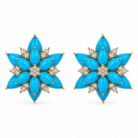 Flower Style Turquoise & Diamond Yellow Gold Earrings