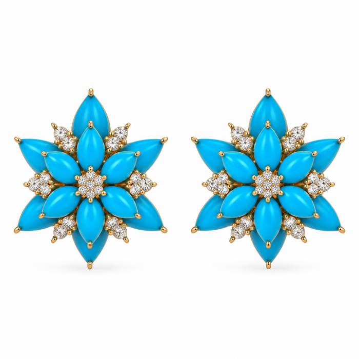Flower Style Turquoise & Diamond Yellow Gold Earrings