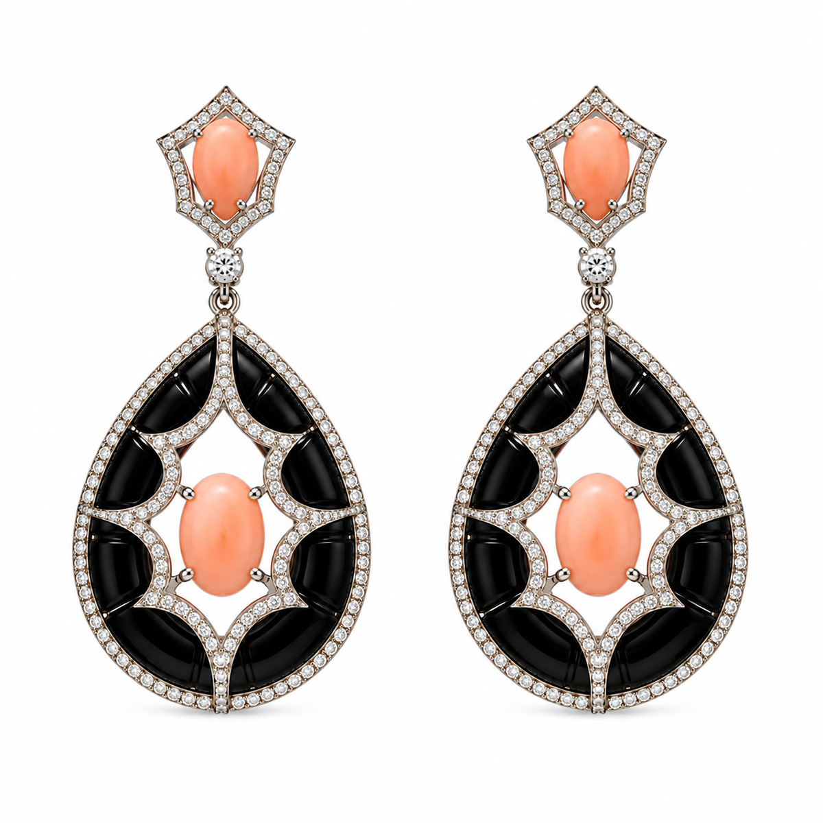 Black Onyx with Pink Coral & Diamond Earrings