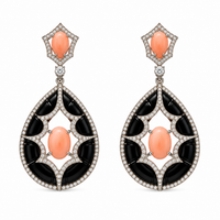 Black Onyx with Pink Coral & Diamond Earrings