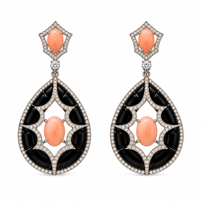 Black Onyx with Pink Coral & Diamond Earrings