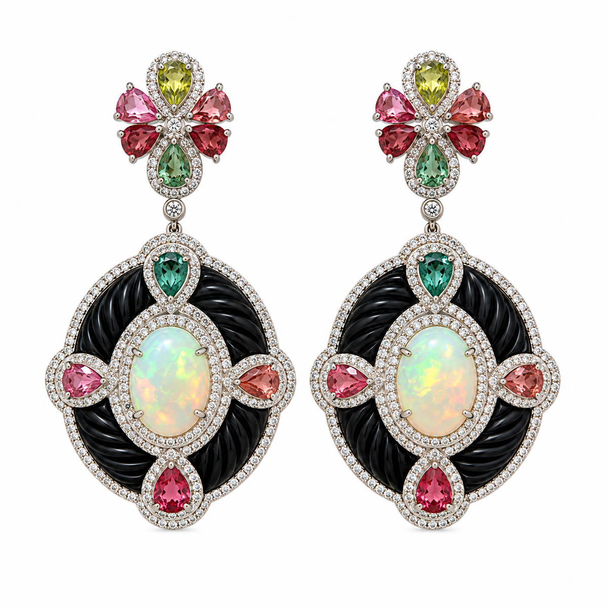 Opal with Multi Tourmaline, Black Onyx & Diamond Earrings