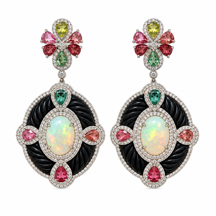 Opal with Multi Tourmaline, Black Onyx & Diamond Earrings