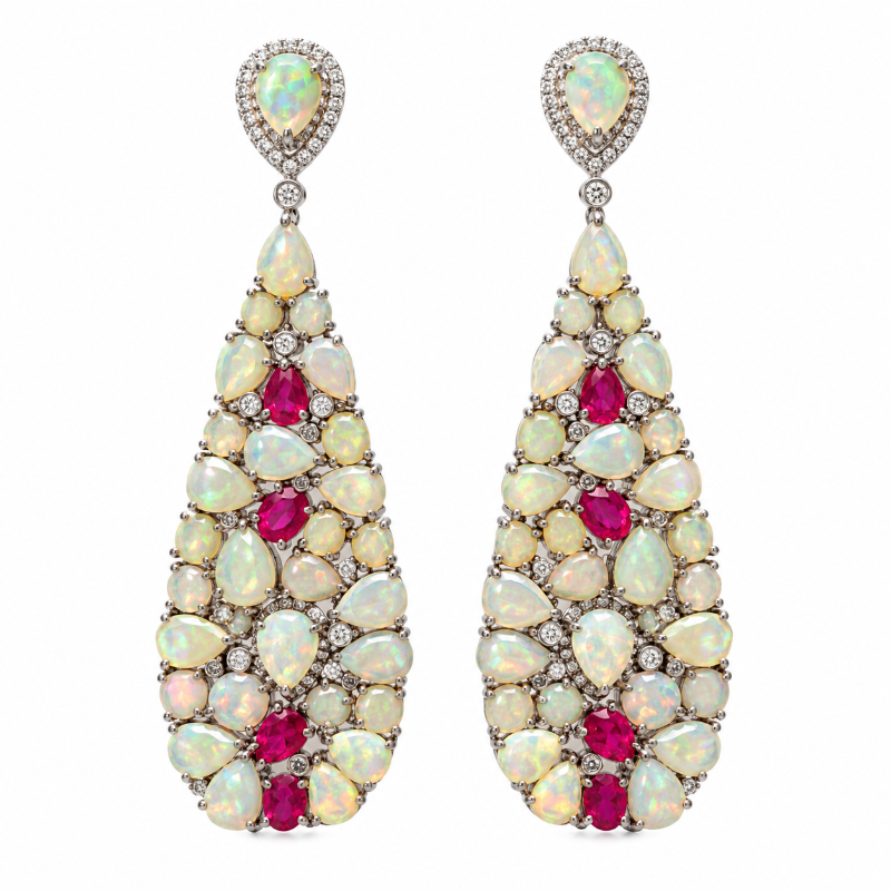 Opal with Ruby & Diamond Long Earrings