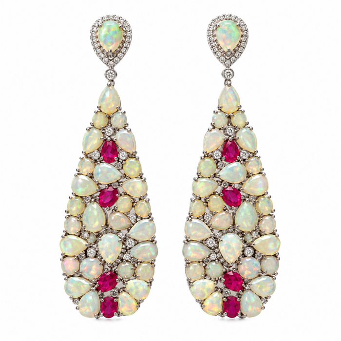 Opal with Ruby & Diamond Long Earrings