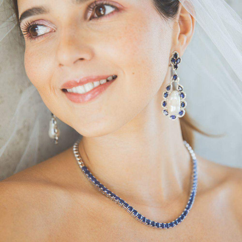 Baroque Pearl with Blue Sapphire & Diamond Teardrop Earrings