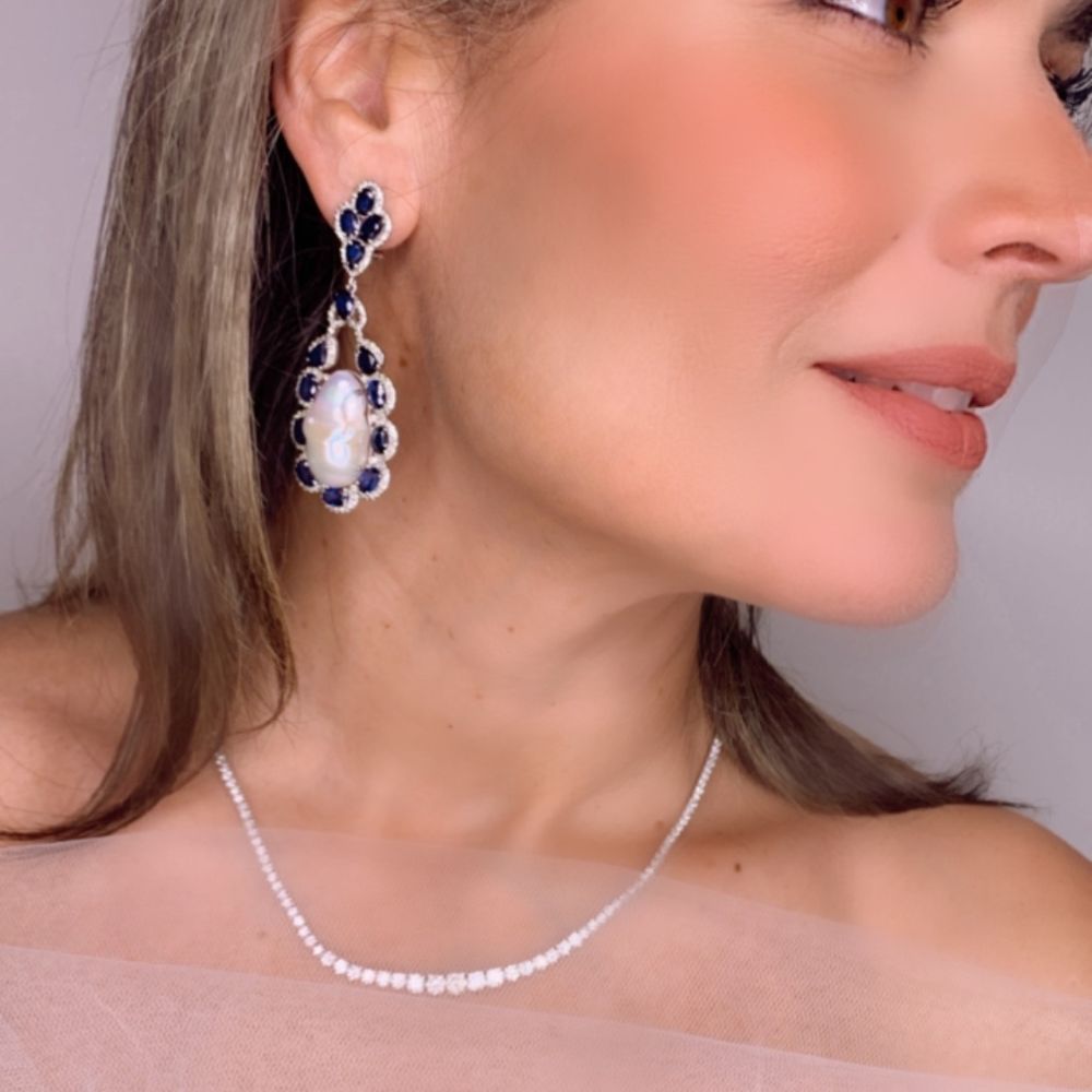 Baroque Pearl with Blue Sapphire & Diamond Teardrop Earrings
