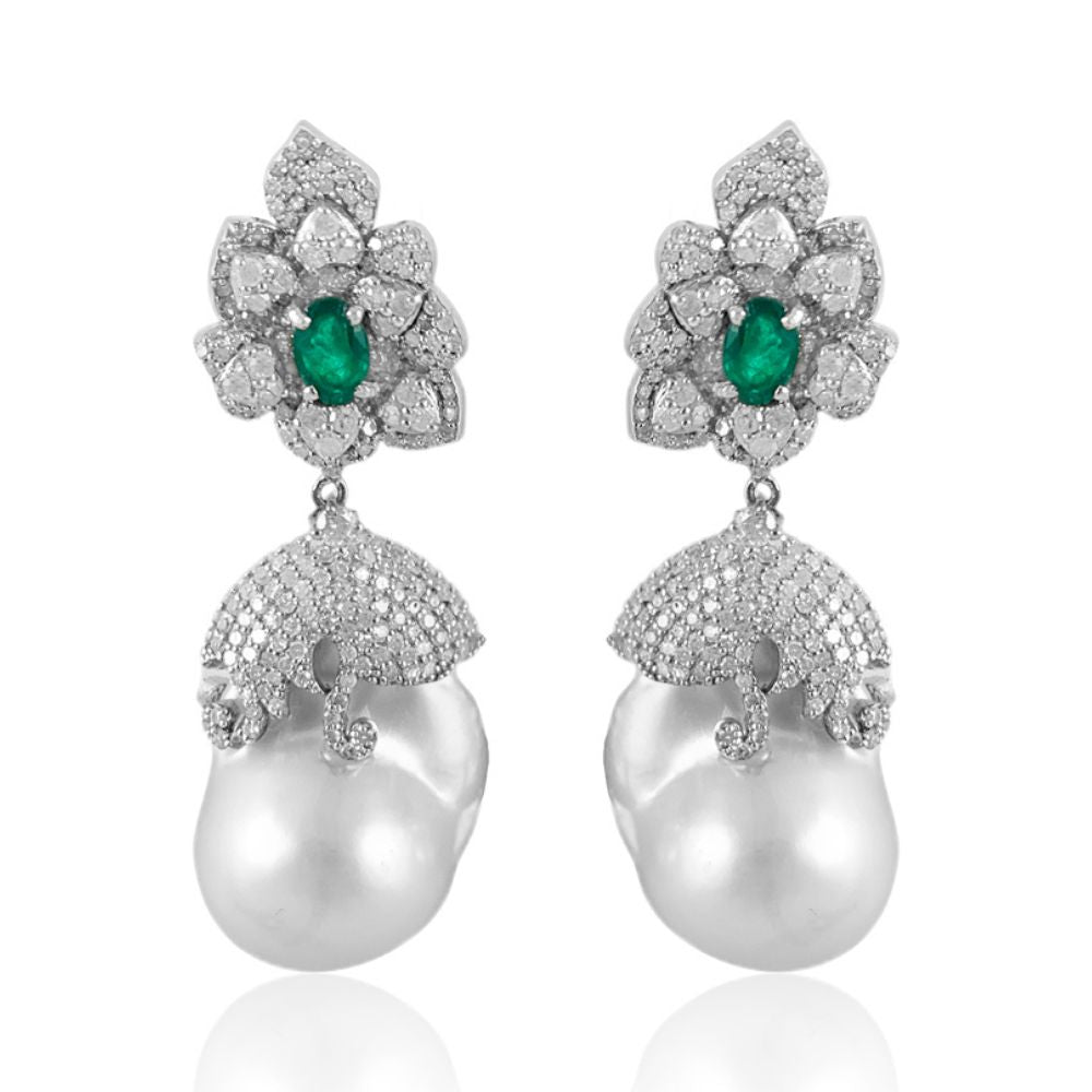 Baroque Pearl with Emerald & Diamond Flower Earrings.  Emerald: 1.120 ct Pearl: 67.730 ct Diamond: 3.74 ct ct Silver with Rhodium Plated: 12.38 grams 14K Gold Post: 0.18 grams