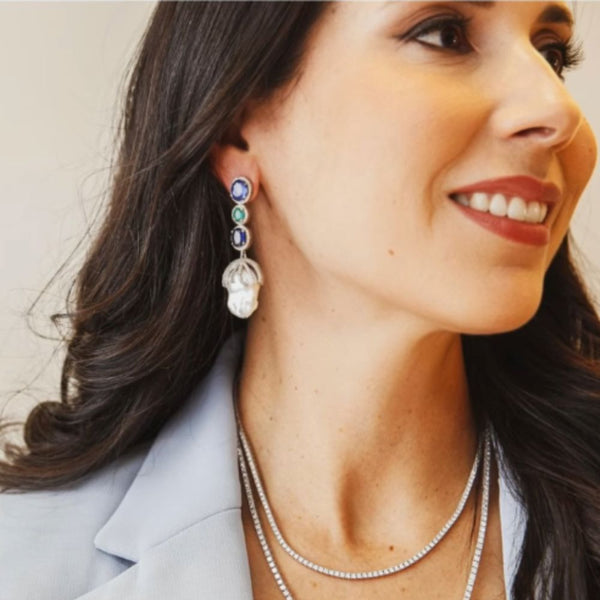 Baroque Pearl with Kyanite, Emerald & Diamonds Earrings