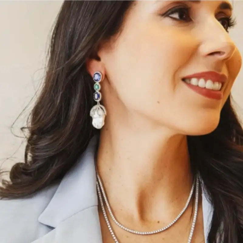 Baroque Pearl with Kyanite, Emerald & Diamonds Earrings