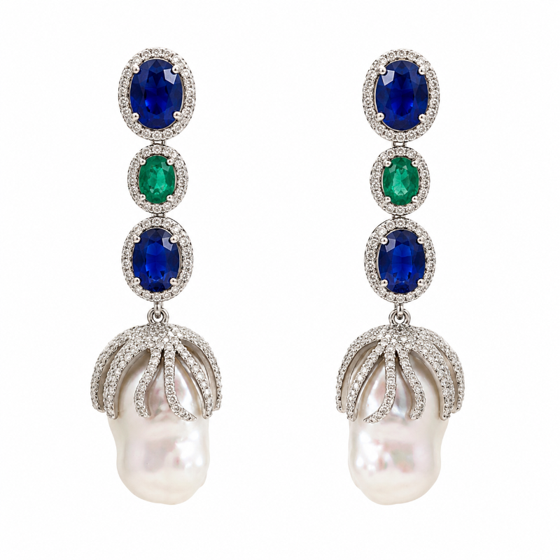 Aretes de perlas barrocas con cianita, esmeralda y diamantes