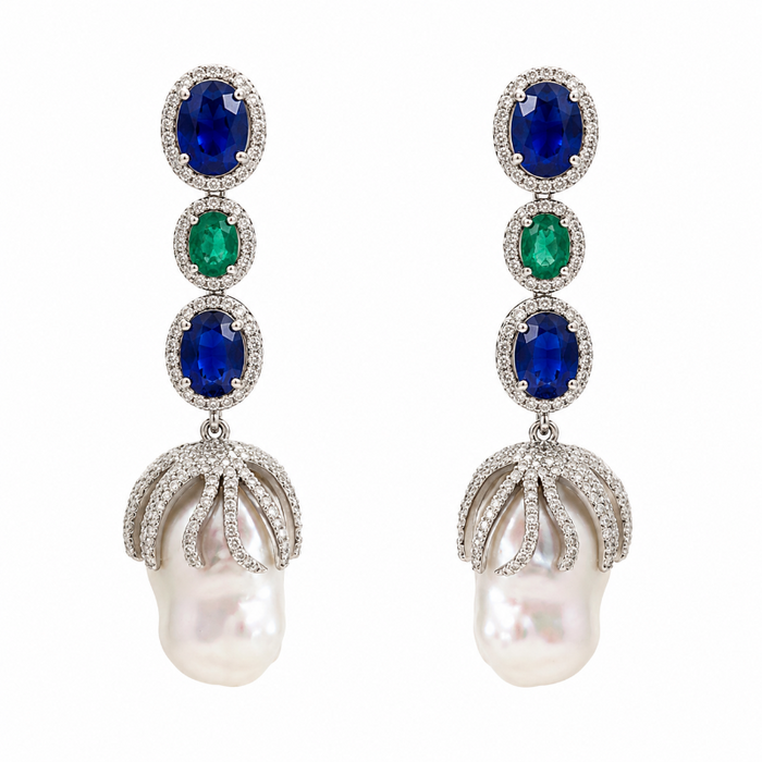 Baroque Pearl with Kyanite, Emerald & Diamonds Earrings
