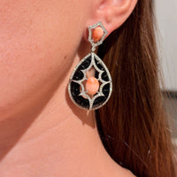 Black Onyx with Pink Coral & Diamond Earrings