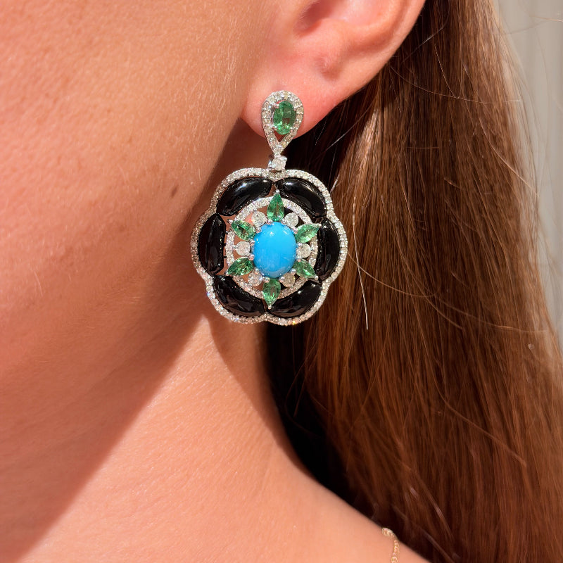 Black Onyx with Turquoise, Tsavorite & Diamond Earrings