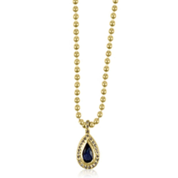 Modern Blue Sapphire & Diamond 14K Yellow Gold Necklaces for everyday glamour.  14K Yellow Gold weight: 3.82 grams 1 Blue Sapphire: 0.32 ct 28 Diamond: 0.05 ct Chain size: 16"