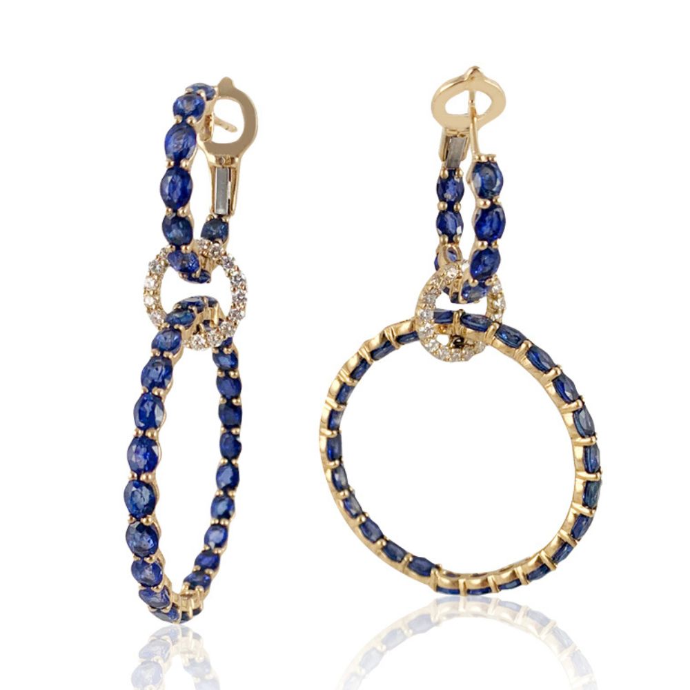 Blue Sapphire & Diamond in 14K Yellow Gold  Hoop Earrings.  14K Yellow Gold Diamond: 0.78 ct Blue Sapphire: 16.37 ct