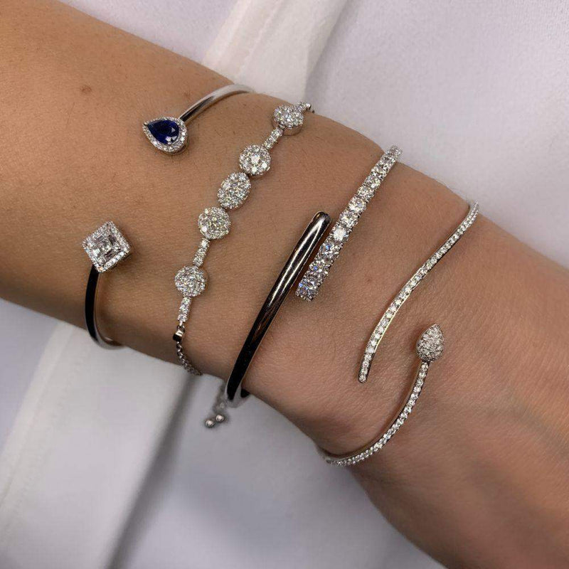 Blue Sapphire Drop & Baguette Diamond with 18K Yellow Gold Bracelets