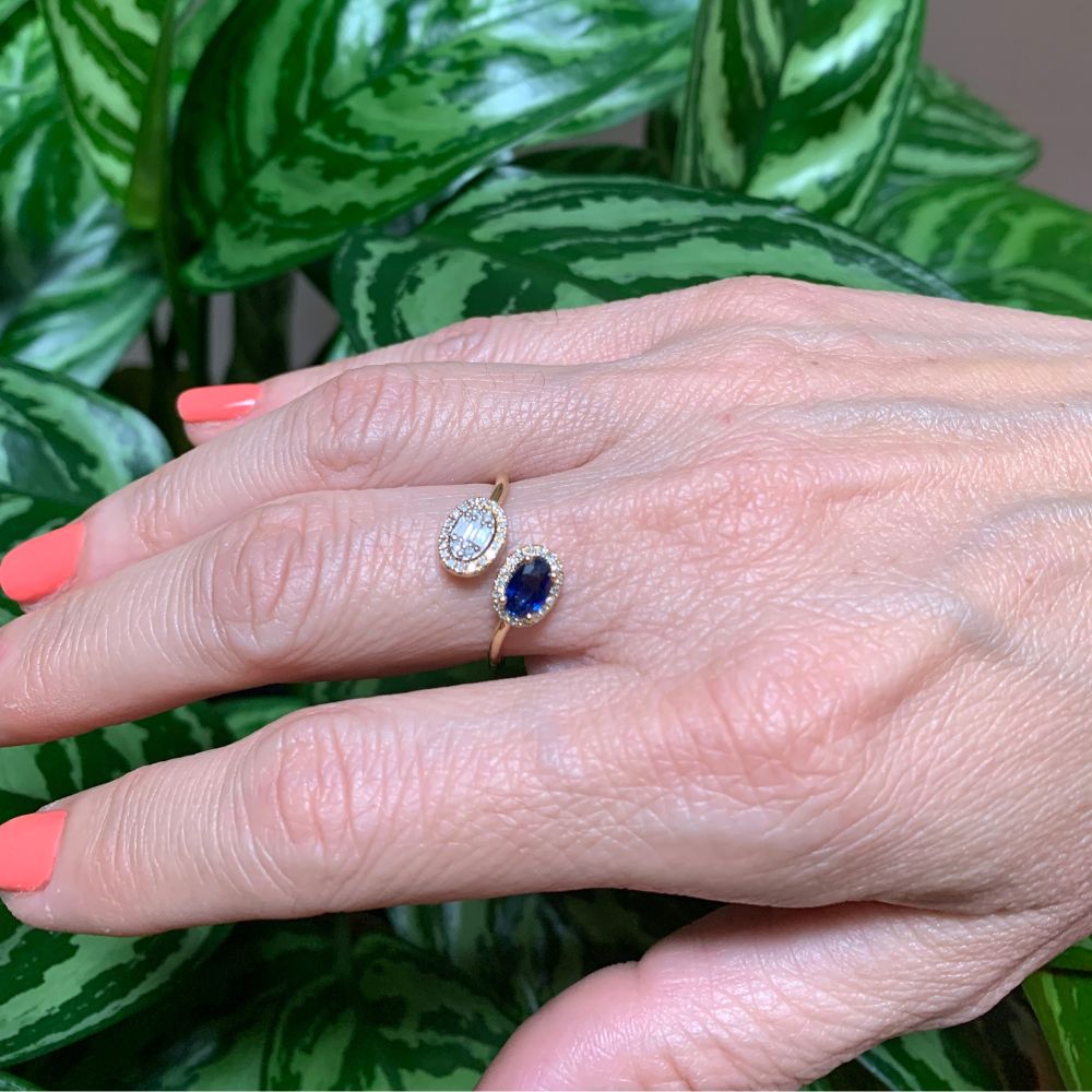 Blue Sapphire Oval & Baguette Diamond Ring