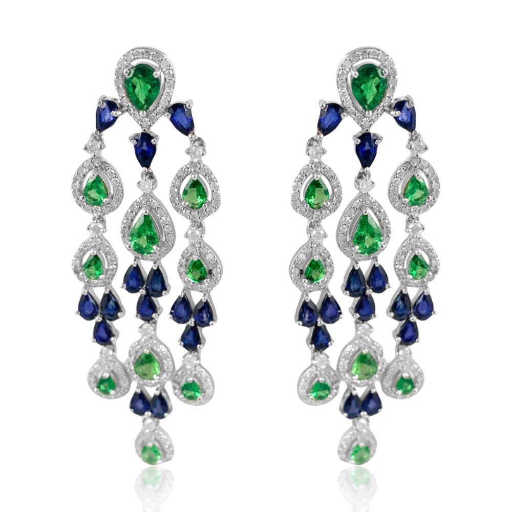 Blue Sapphire & Tsavorite Diamond Chandelier Earrings.  Blue Sapphire: 7.380 ct Tsavorite: 5.430 ct Diamond: 3.24 Silver with Rhodium Plated:14.43 grams 14K Gold Post: 0.18 grams